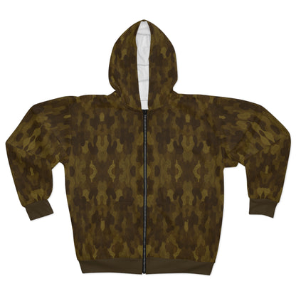 "Swamp Recon Camouflage", Unisex Wearable Art Zip Hoodie (Bayou Bark Cuffs and Waist)
