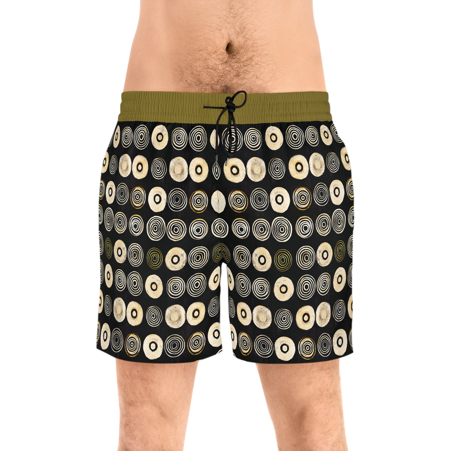 "Punk Polka", Men's Mid-Length Swim Shorts (Soft Fig Green Cuffs)