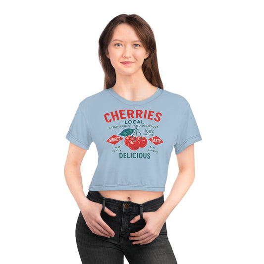 "Delicious Cherries", Crop Tee (Retro Sky)