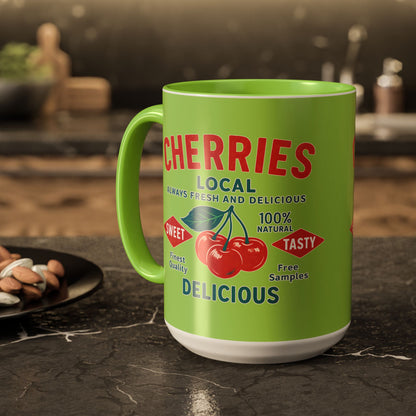 "Delicious Cherries", Colorful Mugs (11oz, 15oz) (Orchard Lime)