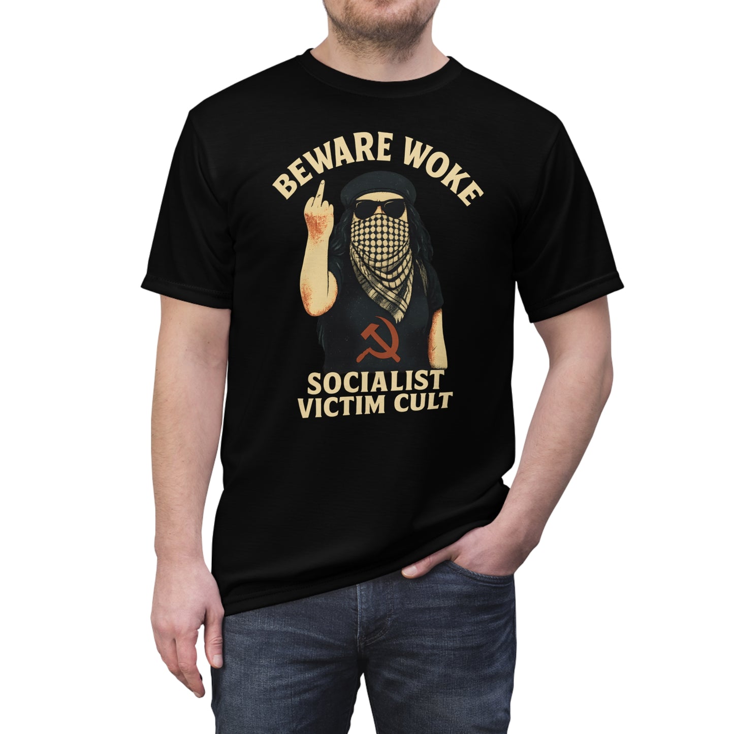 "Beware Woke - Voltaire", Wearable Art Unisex T-shirt (Black Leather)