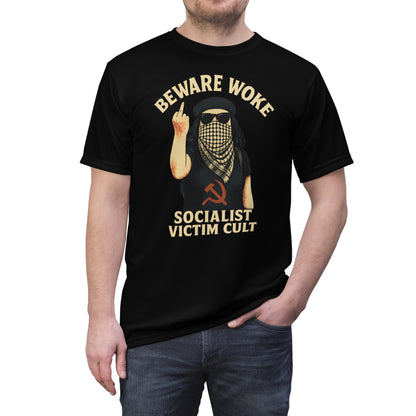 "Beware Woke - Voltaire", Wearable Art Unisex T-shirt (Black Leather)