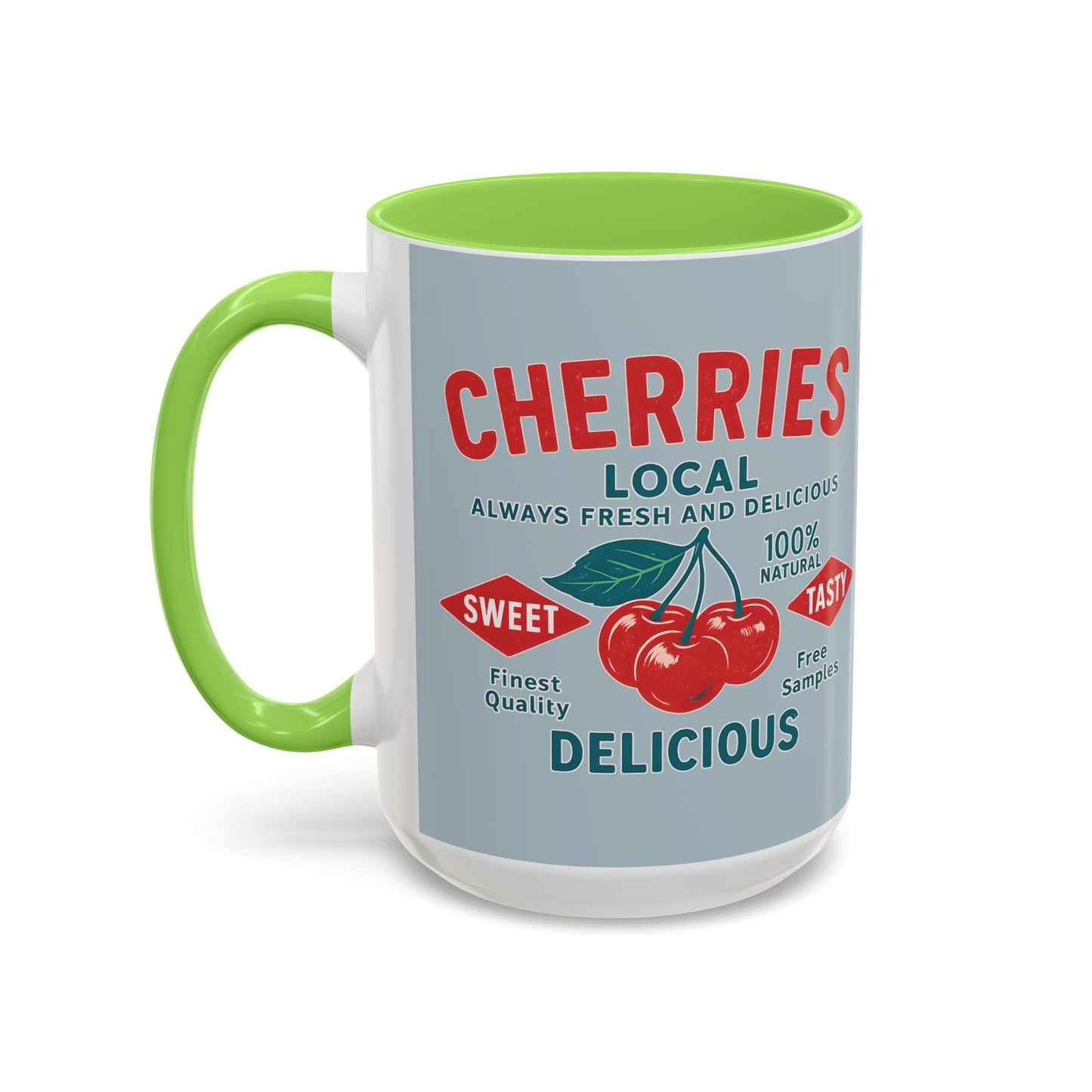 "Delicious Cherries", Colorful Mugs (11oz, 15oz) (Washed Silver-Blue)