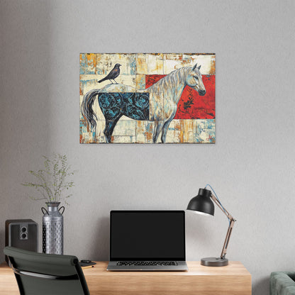 "Series: White Horse with Bird #01", Stretched Classic Canvas Fine Art Print
