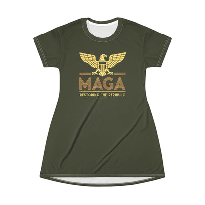 "MAGA - Restoring the Republic", T-Shirt Dress (Dark Olive Green)