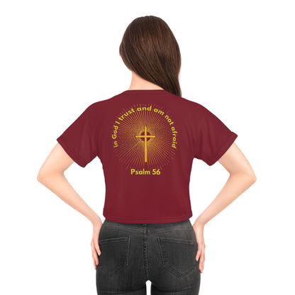 "Psalm 56 - In God I Trust and Am Not Afraid", Crop Tee (Dark Cherry Red)