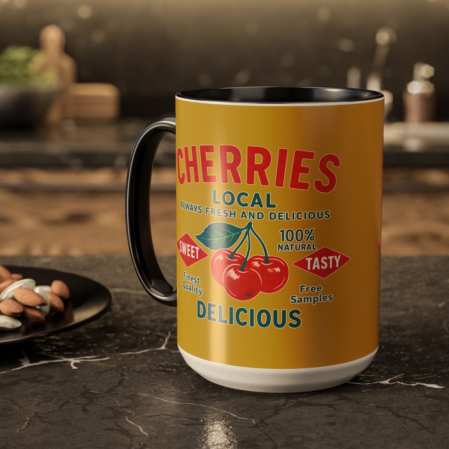 "Delicious Cherries", Colorful Mugs (11oz, 15oz) (Forgelight Gold)