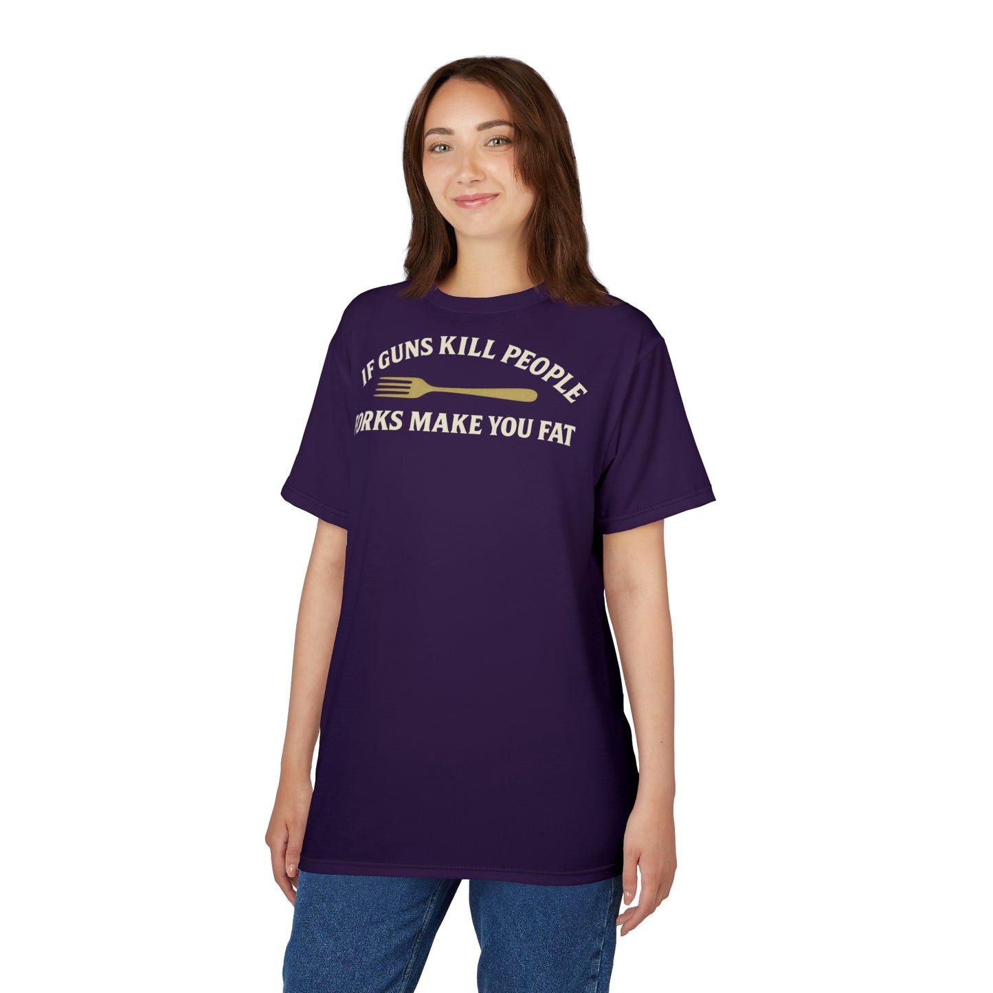 ''Forks Make You Fat", Unisex T-shirt (Academic Purple)
