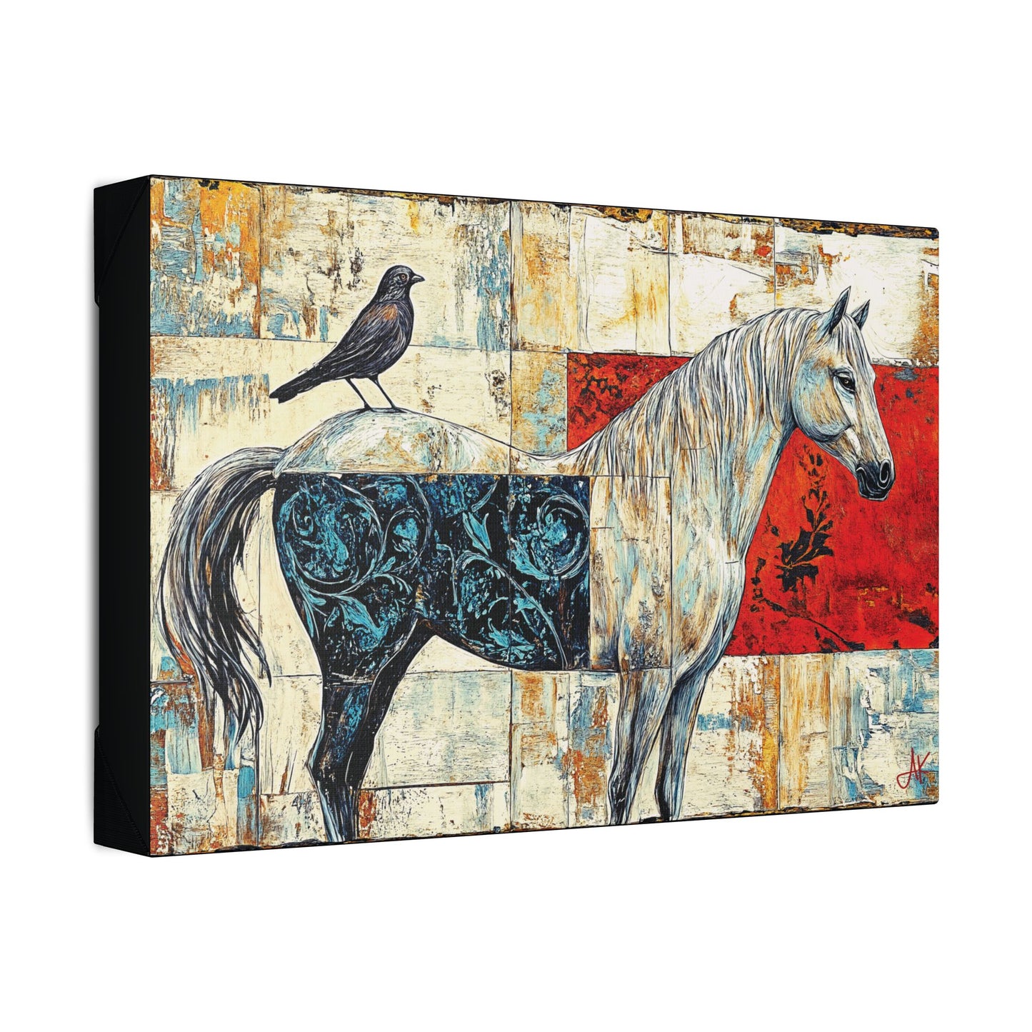 "Series: White Horse with Bird #01", Stretched Classic Canvas Fine Art Print