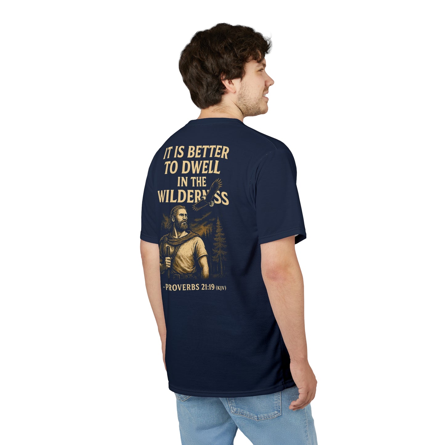 "Proverbs 21:19 (KJV)", Wearable Art Unisex T-shirt (Dark Cambridge Blue)