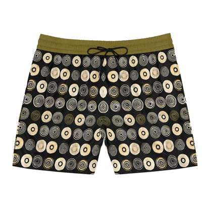 "Punk Polka", Men's Mid-Length Swim Shorts (Soft Fig Green Cuffs)