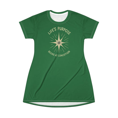 "Life's Purpose Begins at Conception #02", T-Shirt Dress (Dartmouth Green)