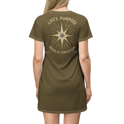 "Life's Purpose Begins at Conception #02", T-Shirt Dress (Bogbrush Olive)