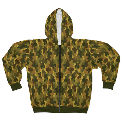 "SASR inspired Day-Ops Camouflage" Style 02, Unisex Wearable Art Zip Hoodie (SASR Green Cuffs and Waist)