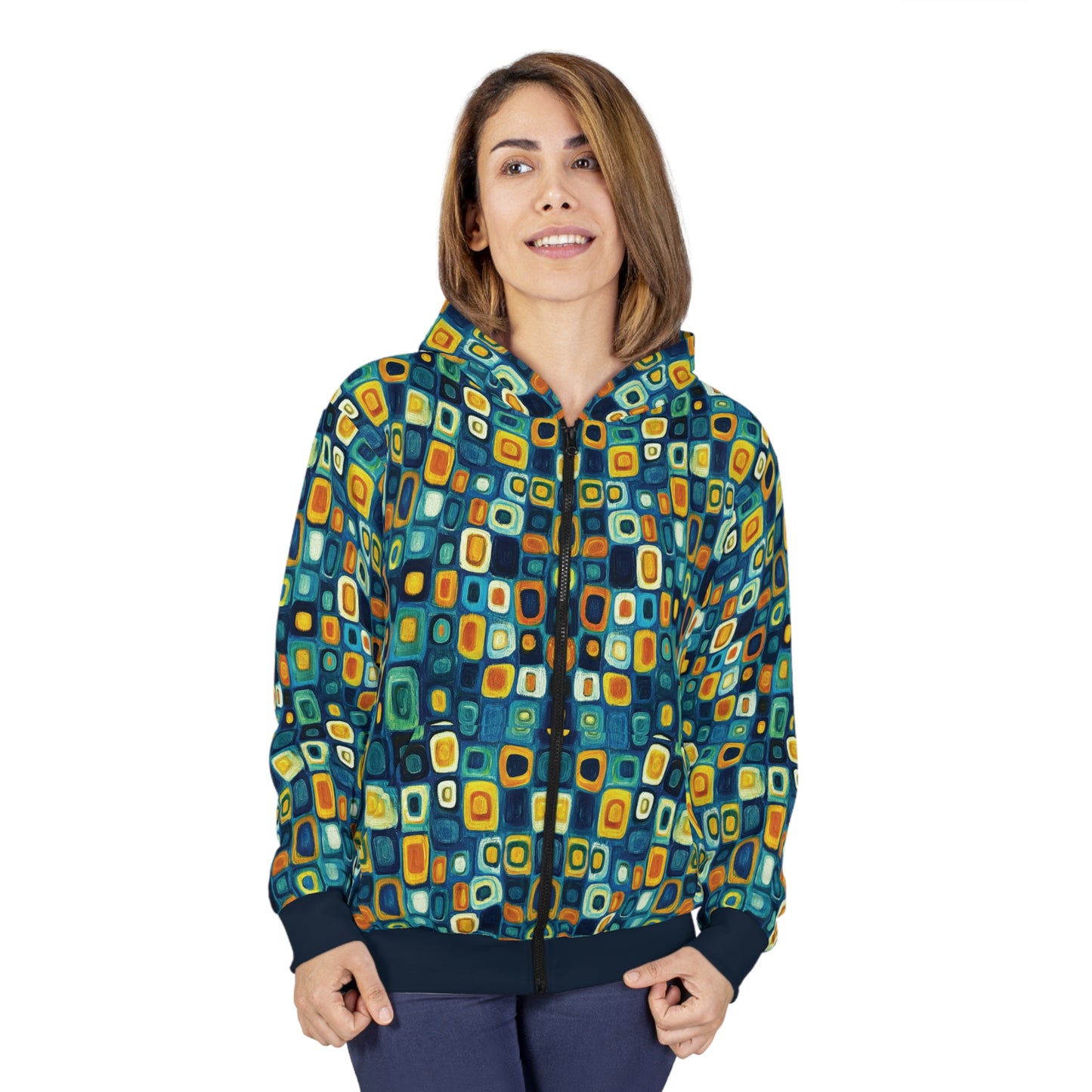 "Soul Mosaic", Unisex Wearable Art Zip Hoodie (Birlinn Blue Cuffs & Waistband)