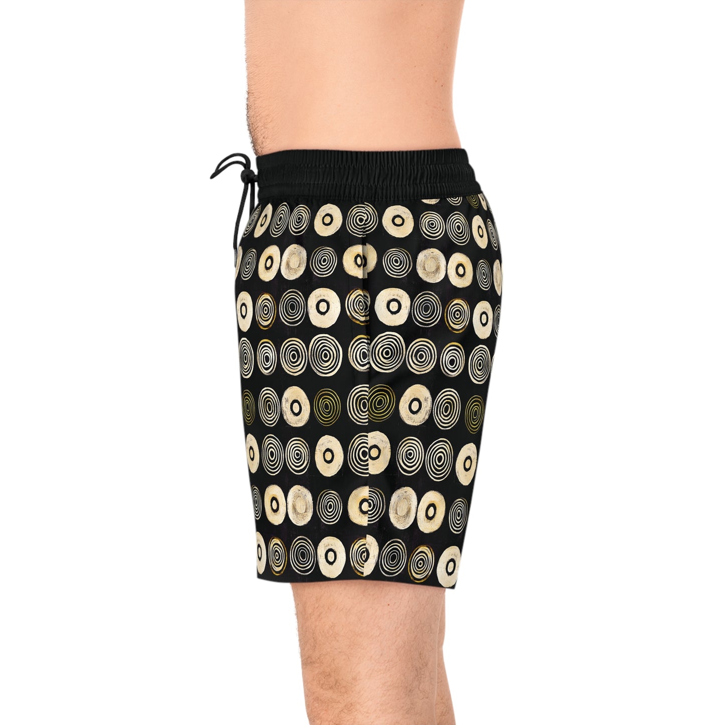 "Punk Polka", Men's Mid-Length Swim Shorts (Plain Black Cuffs)