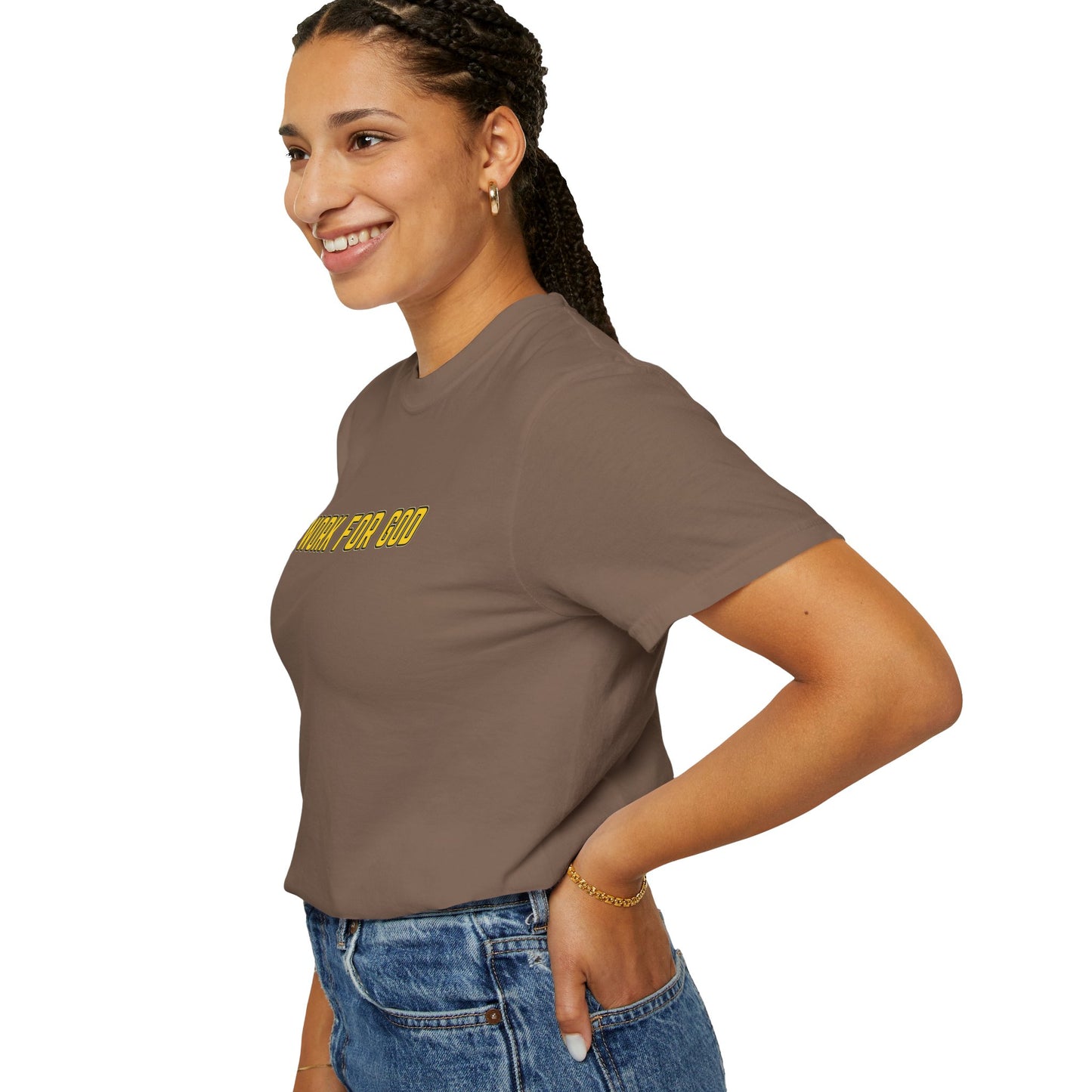 "I Work for God" Unisex T-shirt (Gold Font)