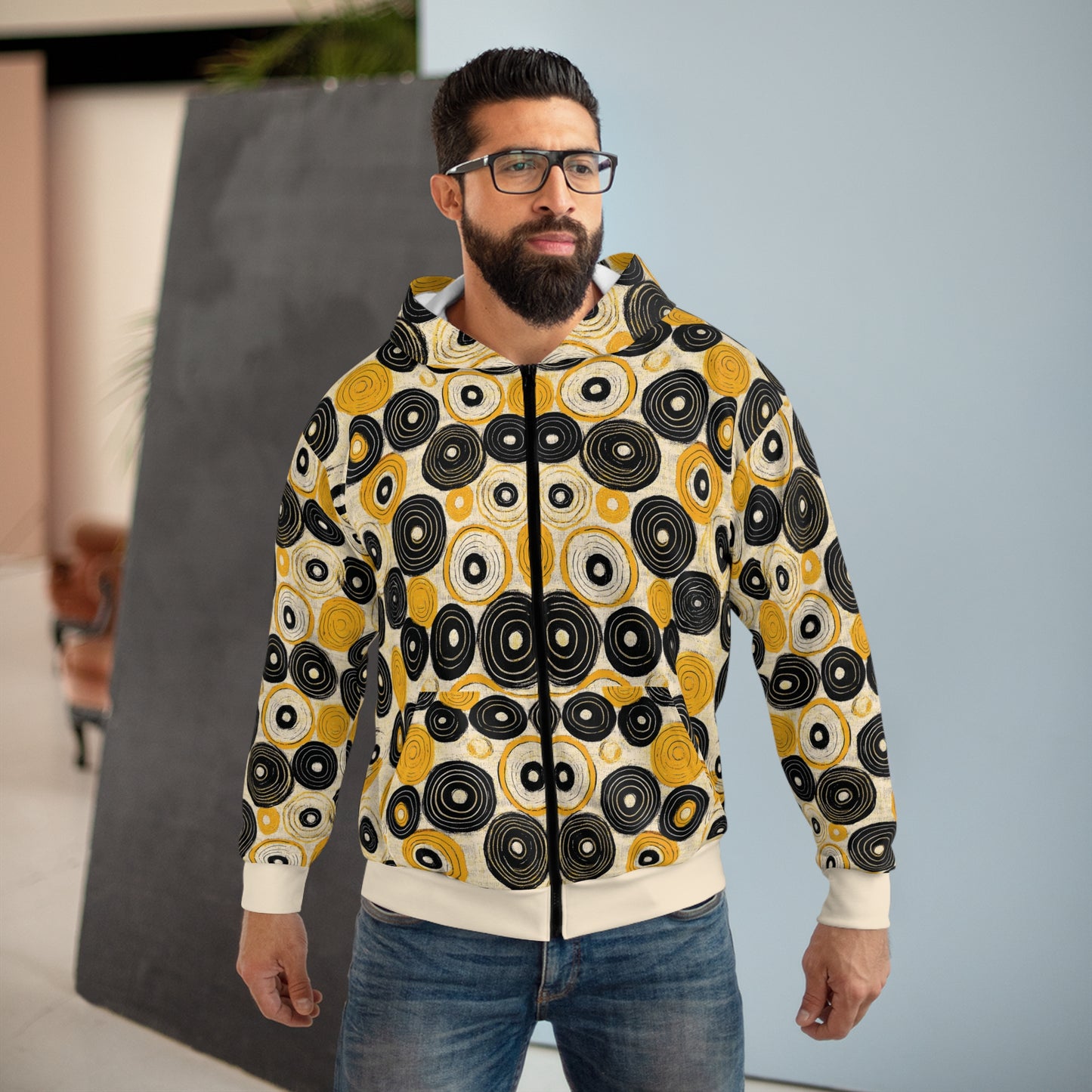 "Old 45's", Wearable Pattern Art Unisex Zip Hoodie (Dough White Cuffs)