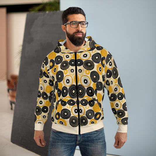 "Old 45's", Wearable Pattern Art Unisex Zip Hoodie (Dough White Cuffs)