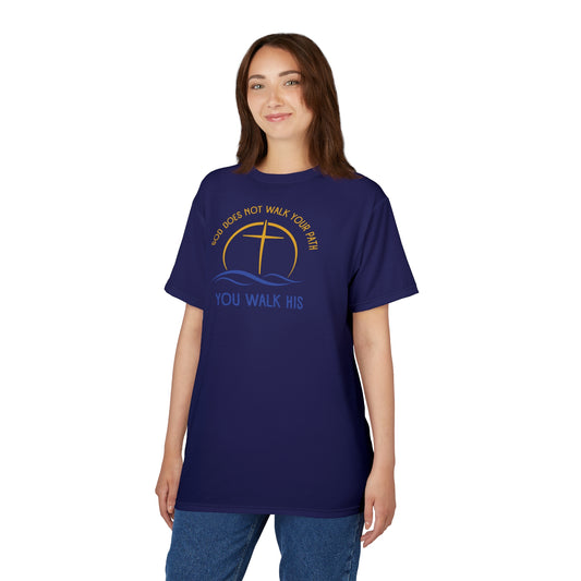 "God Does Not Walk Your Path", Unisex T-shirt (Obsidian Blue)