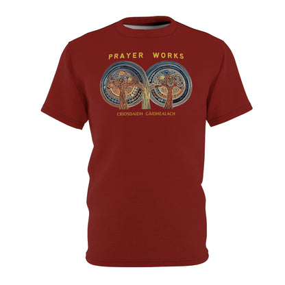 "Prayer Works – Gaelic Christian", Wearable Fine Art Unisex T-shirt (Emberline Red)