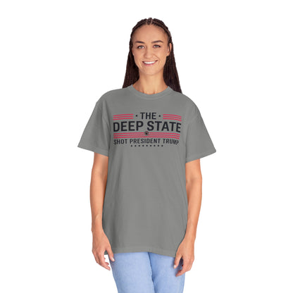 "The Deep State Shot President Trump" #02, Unisex White T-shirt