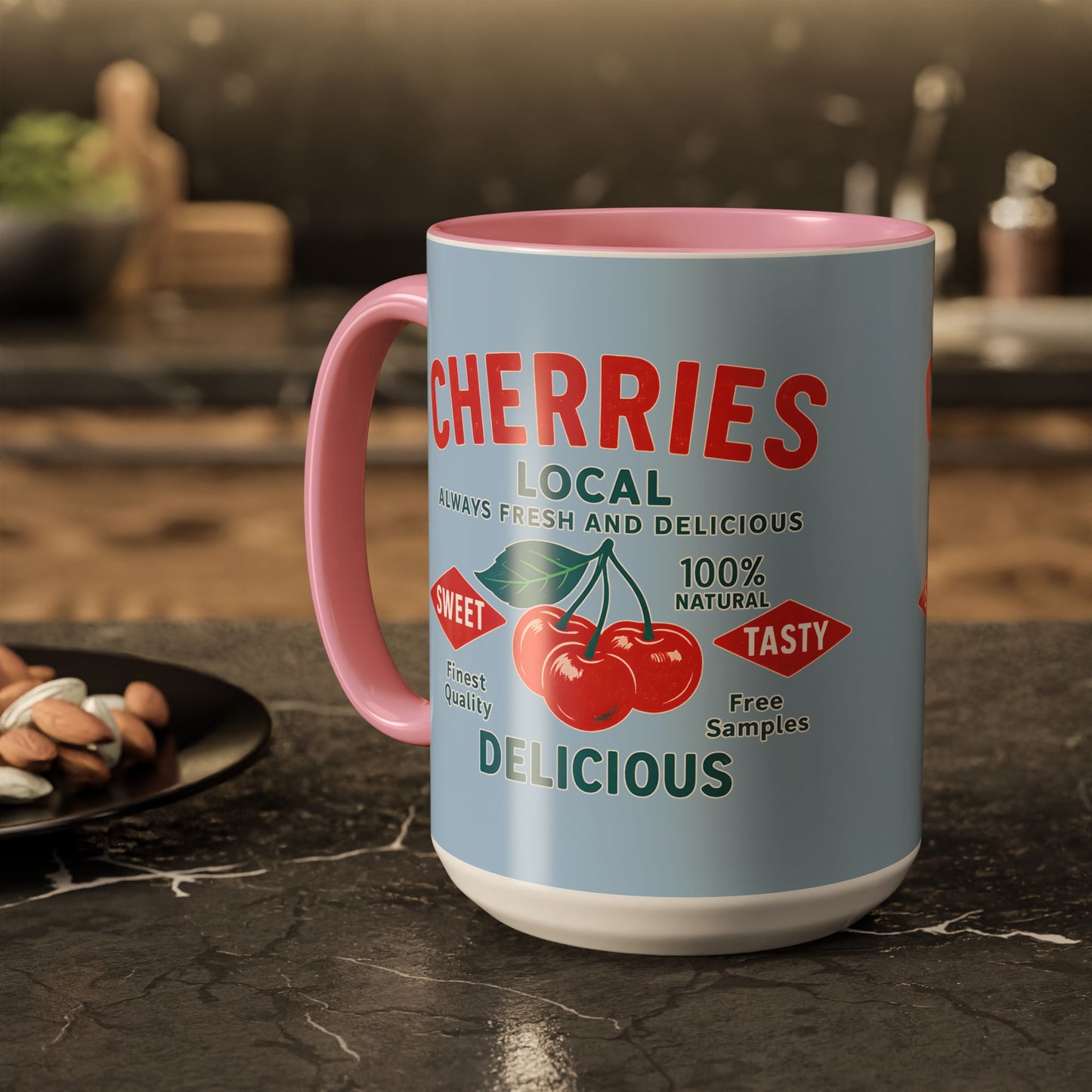 "Delicious Cherries", Colorful Mugs (11oz, 15oz) (Retro Sky)
