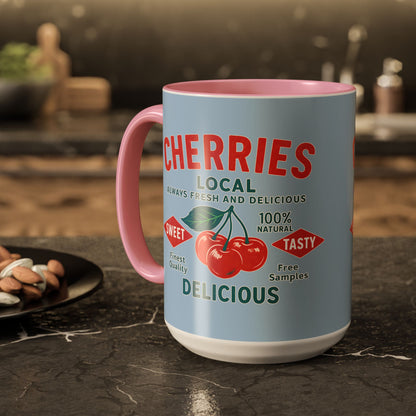 "Delicious Cherries", Colorful Mugs (11oz, 15oz) (Retro Sky)