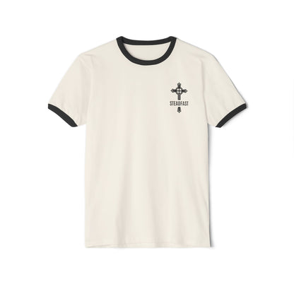 "Steadfast Cross", Unisex Cotton Ringer T-Shirt