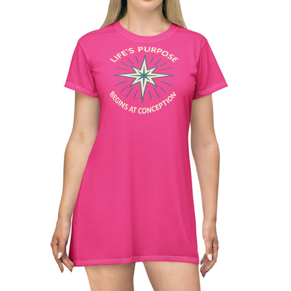"Life's Purpose Begins at Conception #01", T-Shirt Dress (Knockout Pink)