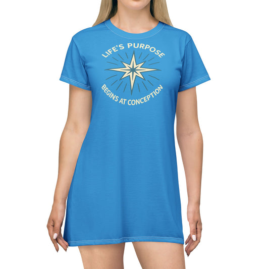 "Life's Purpose Begins at Conception #01", T-Shirt Dress (Antipodean Blue)