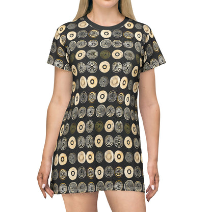 "Punk Polka", Wearable Pattern Art T-Shirt Dress (Plain Black Collar)