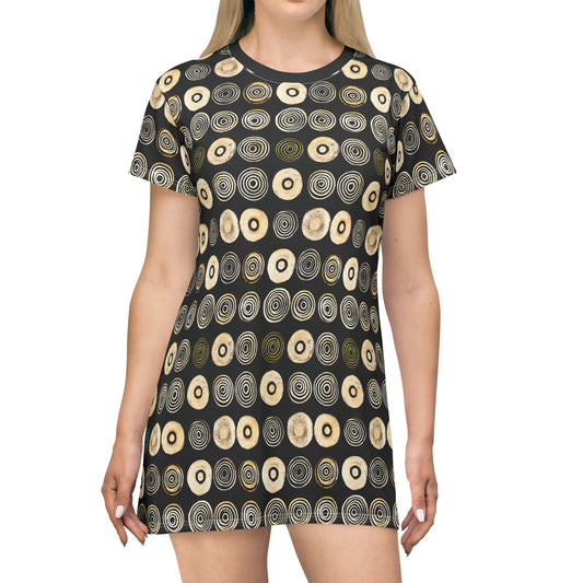 "Punk Polka", Wearable Pattern Art T-Shirt Dress (Plain Black Collar)