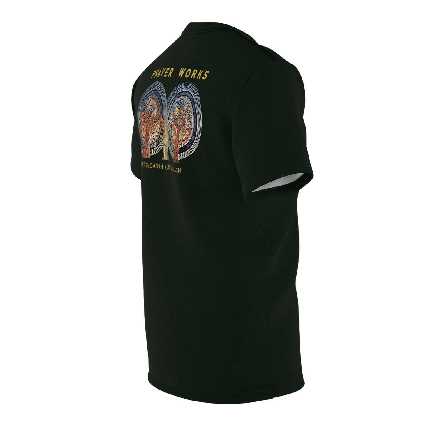 "Prayer Works – Gaelic Christian", Wearable Fine Art Unisex T-shirt (Blackstone Green)