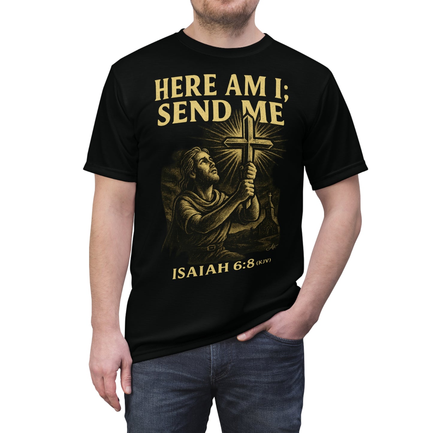 "Isaiah 6:8 (KJV)", Wearable Art Unisex T-shirt (Peatshadow Black)