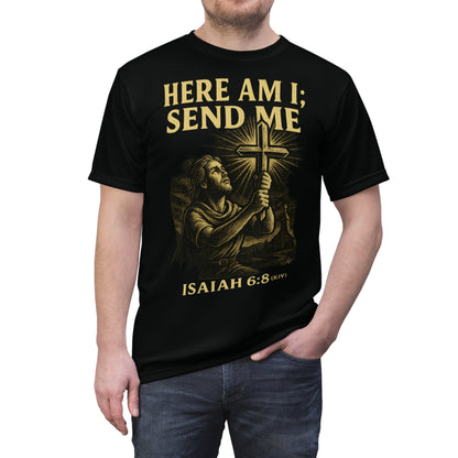 "Isaiah 6:8 (KJV)", Wearable Art Unisex T-shirt (Peatshadow Black)