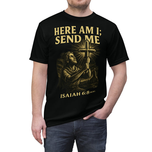"Isaiah 6:8 (KJV)", Wearable Art Unisex T-shirt (Peatshadow Black)