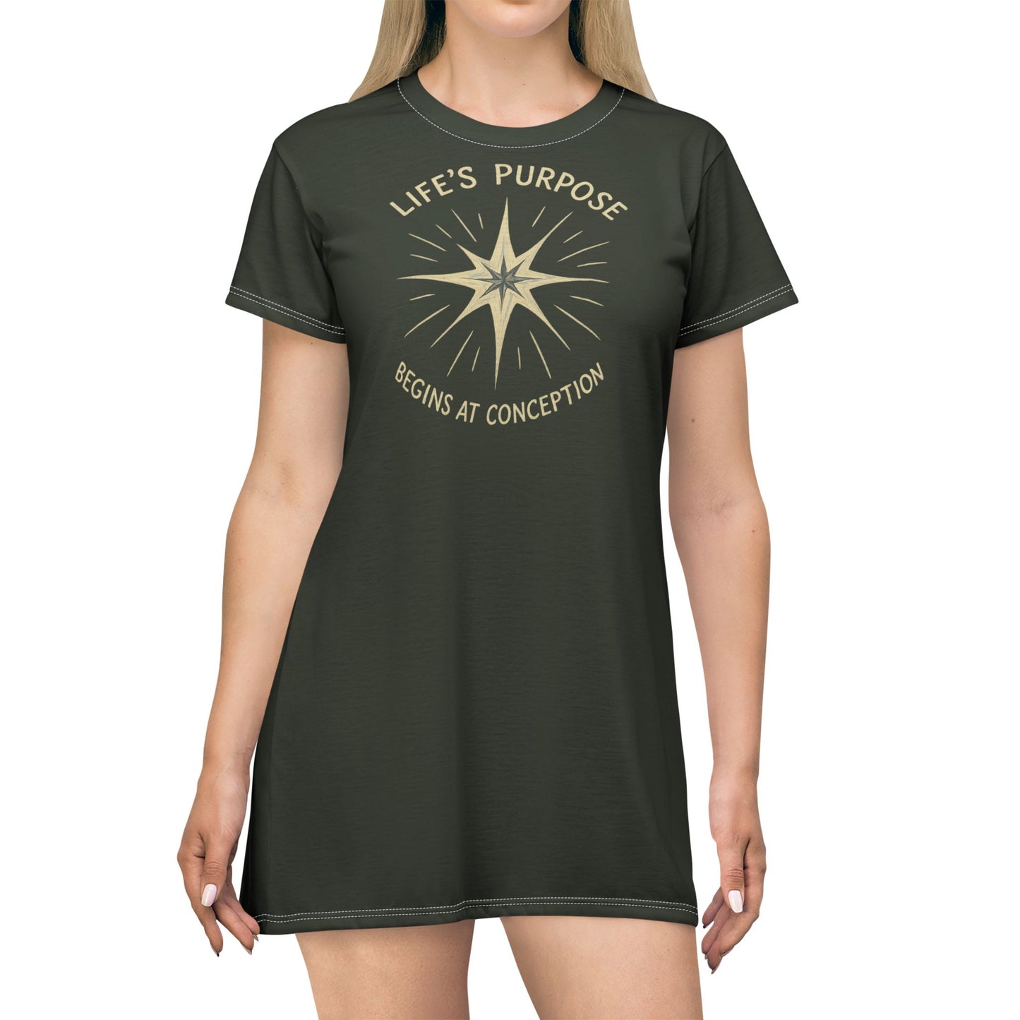 "Life's Purpose Begins at Conception #02", T-Shirt Dress (Black Mesa Green)