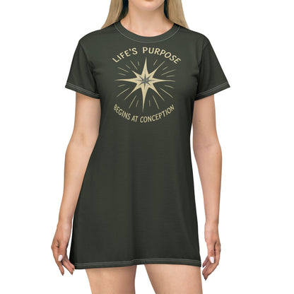 "Life's Purpose Begins at Conception #02", T-Shirt Dress (Black Mesa Green)