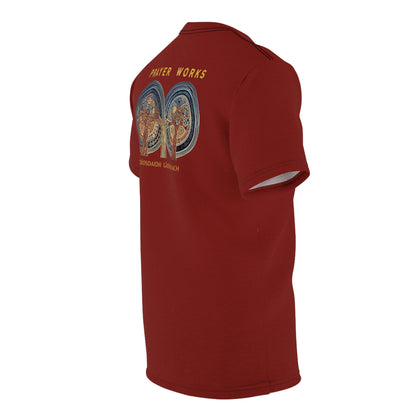 "Prayer Works – Gaelic Christian", Wearable Fine Art Unisex T-shirt (Emberline Red)