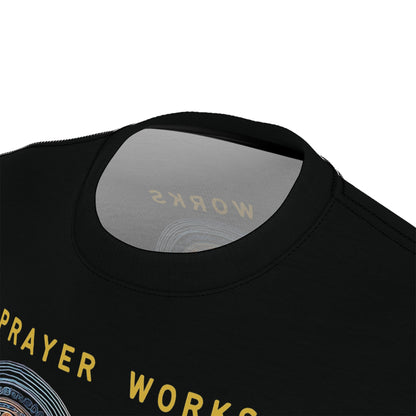 "Prayer Works – Gaelic Christian", Wearable Fine Art Unisex T-shirt (Peatshadow Black)