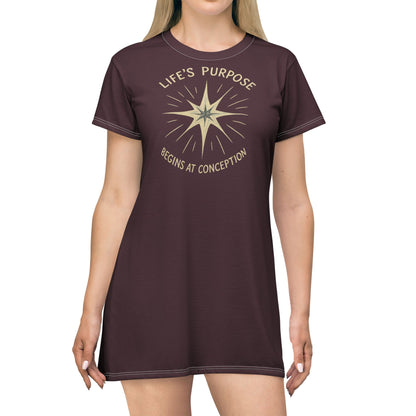 "Life's Purpose Begins at Conception #02", T-Shirt Dress (Black Raspberry)