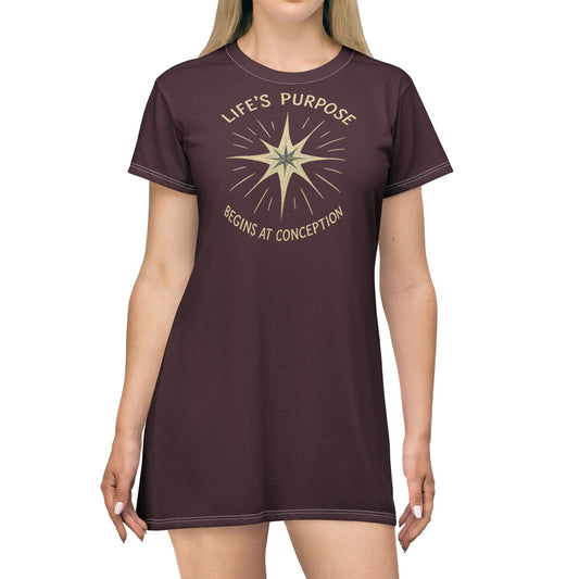 "Life's Purpose Begins at Conception #02", T-Shirt Dress (Black Raspberry)