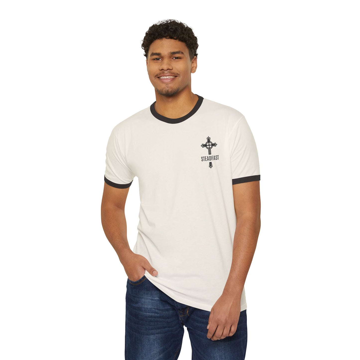 "Steadfast Cross", Unisex Cotton Ringer T-Shirt
