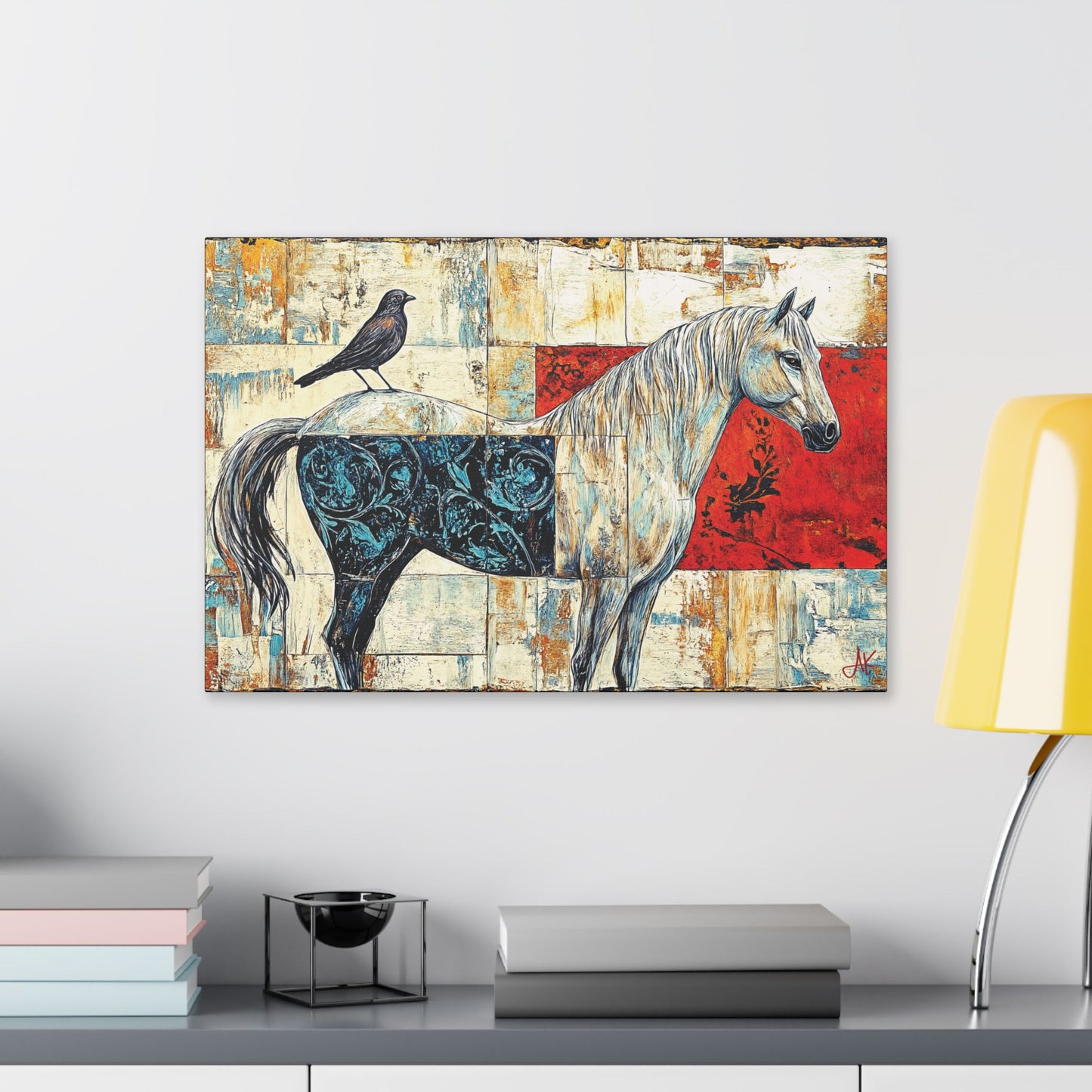 "Series: White Horse with Bird #01", Stretched Classic Canvas Fine Art Print