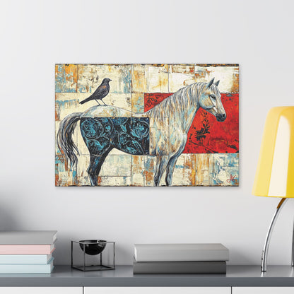 "Series: White Horse with Bird #01", Stretched Classic Canvas Fine Art Print