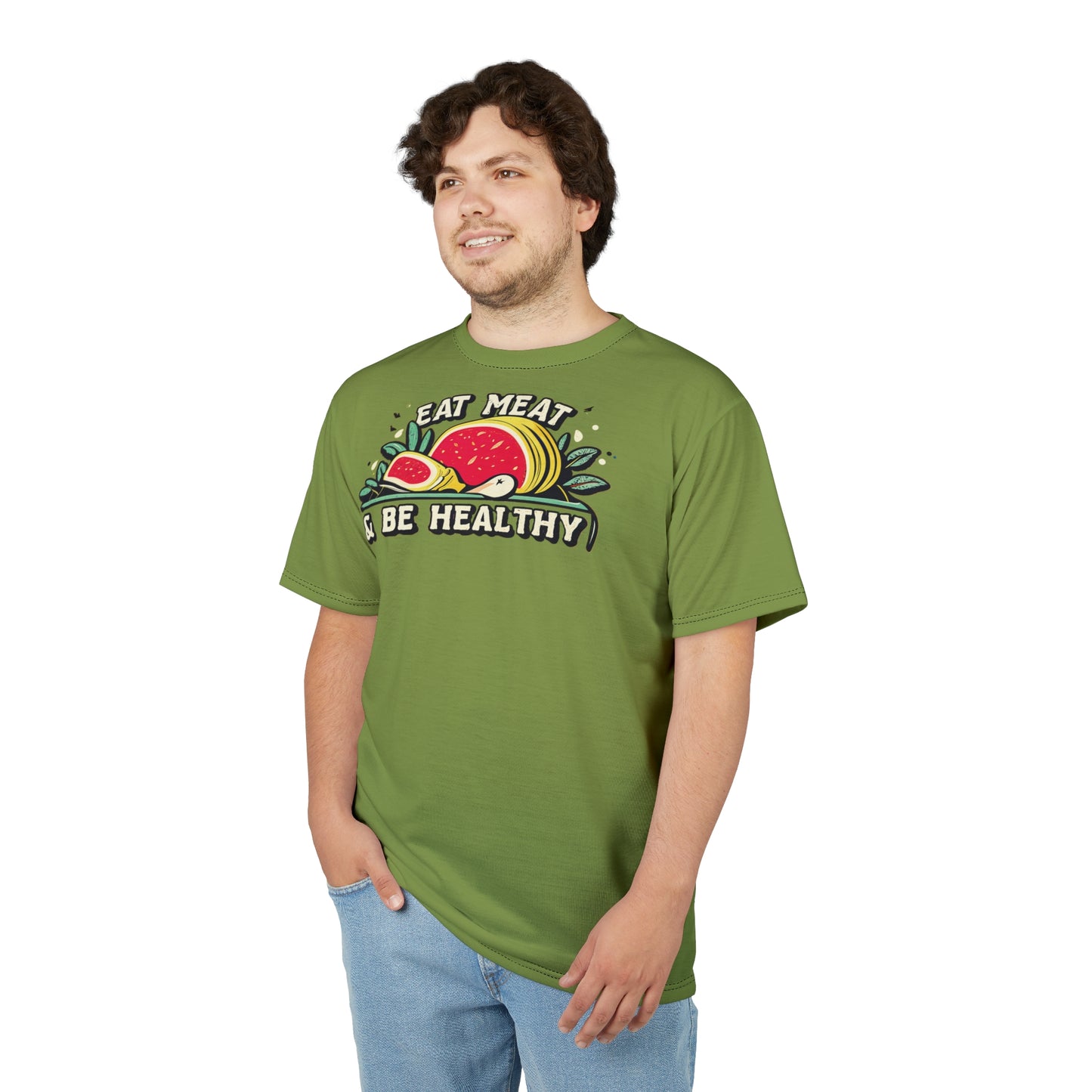 "Eat Meat & Be Healthy", Unisex T-shirt (Zombie Green)