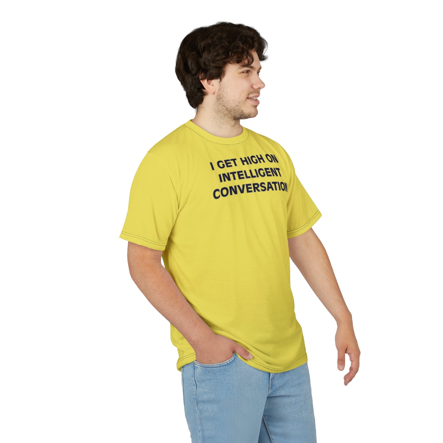 "Intelligent Conversation", Unisex T-shirt (Corn Yellow)