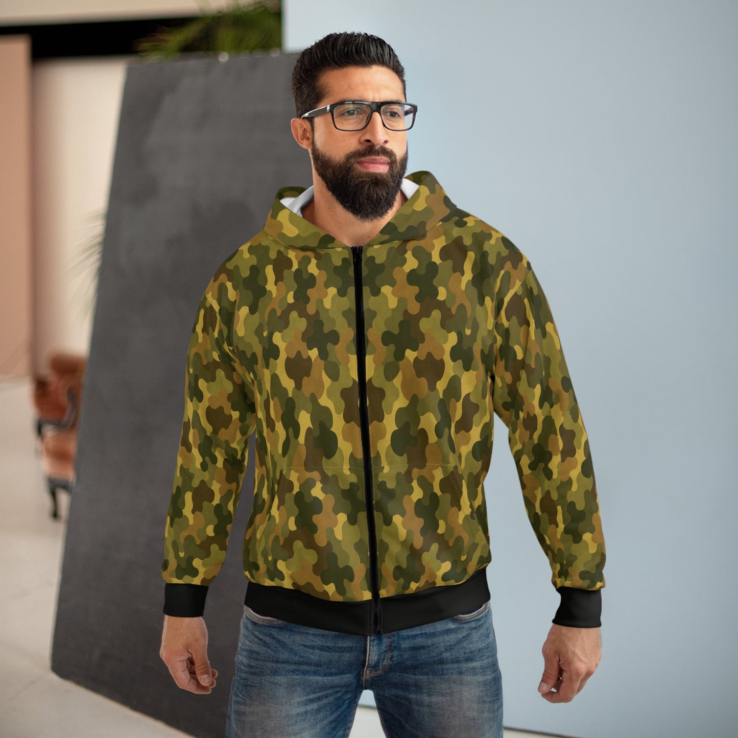 "SASR inspired Day-Ops Camouflage" Style 02, Unisex Wearable Art Zip Hoodie (SASR Black Cuffs and Waist)
