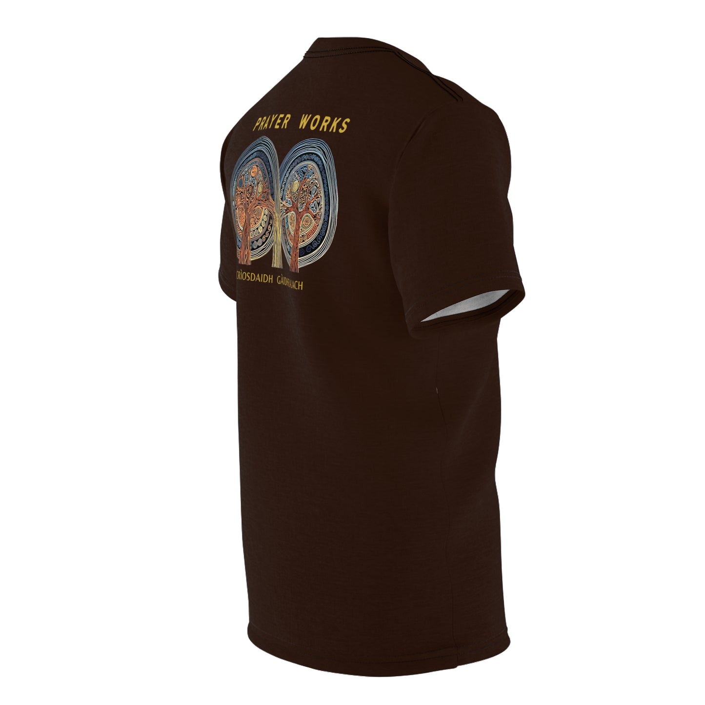 "Prayer Works – Gaelic Christian", Wearable Fine Art Unisex T-shirt (Rich Soil Brown)